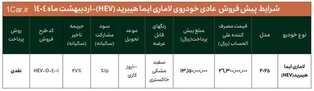 فروش خودرو لاماری ایما هیبرید با قیمت جدید (اردیبهشت 1404)